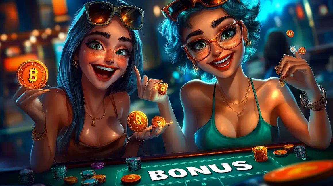 Get a Bonus and Win Bitcoin at UUBD! A happy couple in sunglasses celebrates winning with Bitcoin and casino chips, with a 'BONUS' sign, showing the fun and rewards you can get when you play at UUBD.
