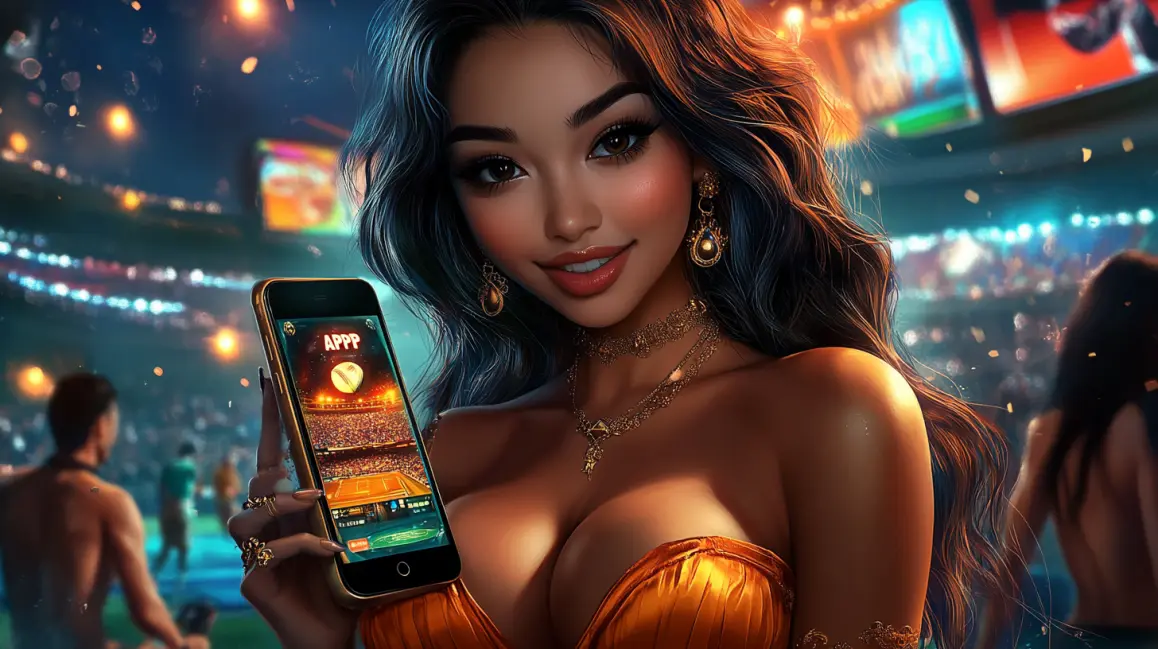 Download the UUBD App for Sweet Wins. A woman holds a phone with a candy-themed game from the UUBD app, with the word 'APP' in large letters, inviting you to download and enjoy a world of sweet wins.